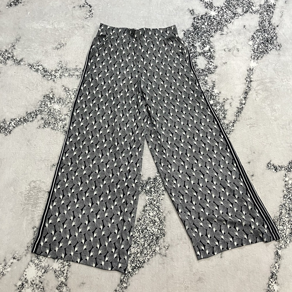 Max Studio Wide Leg Pants Womens Size S Black White Geometric Print Side Stripe